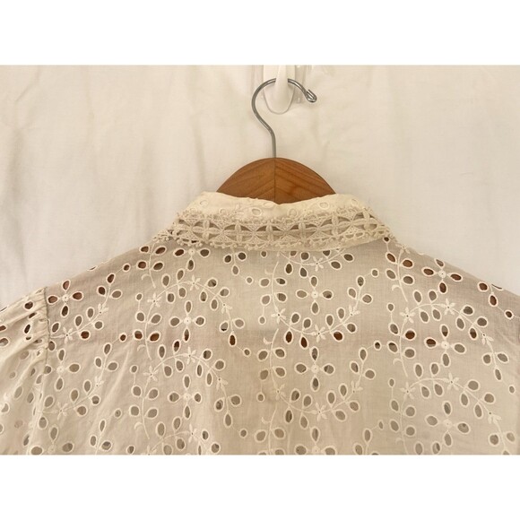 SEZANE Cara Shirt Cream Women’s Size 36 US 4 Eyelet Floral Puff Sleeve Button Up - Picture 12 of 15